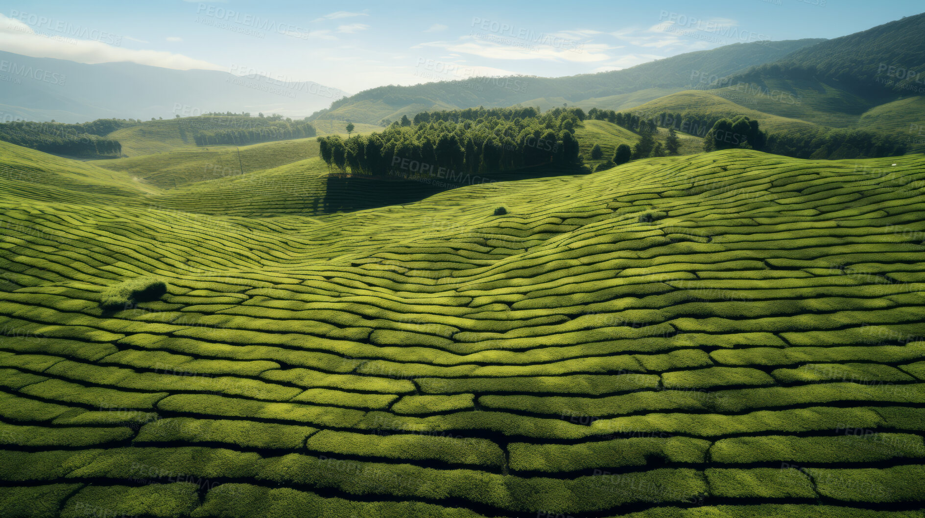 Buy stock photo Aerial view of tea plantation landscape. Environmental for farming background