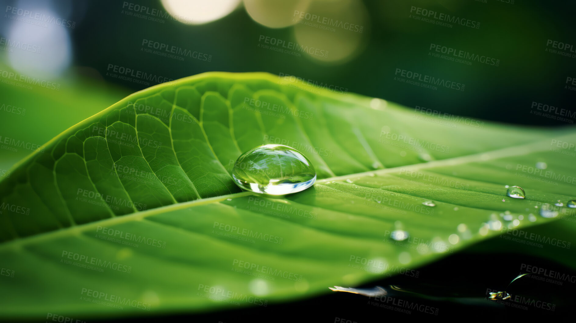 Buy stock photo Large drops of rain water on a green leaf macro. Leaf texture in nature