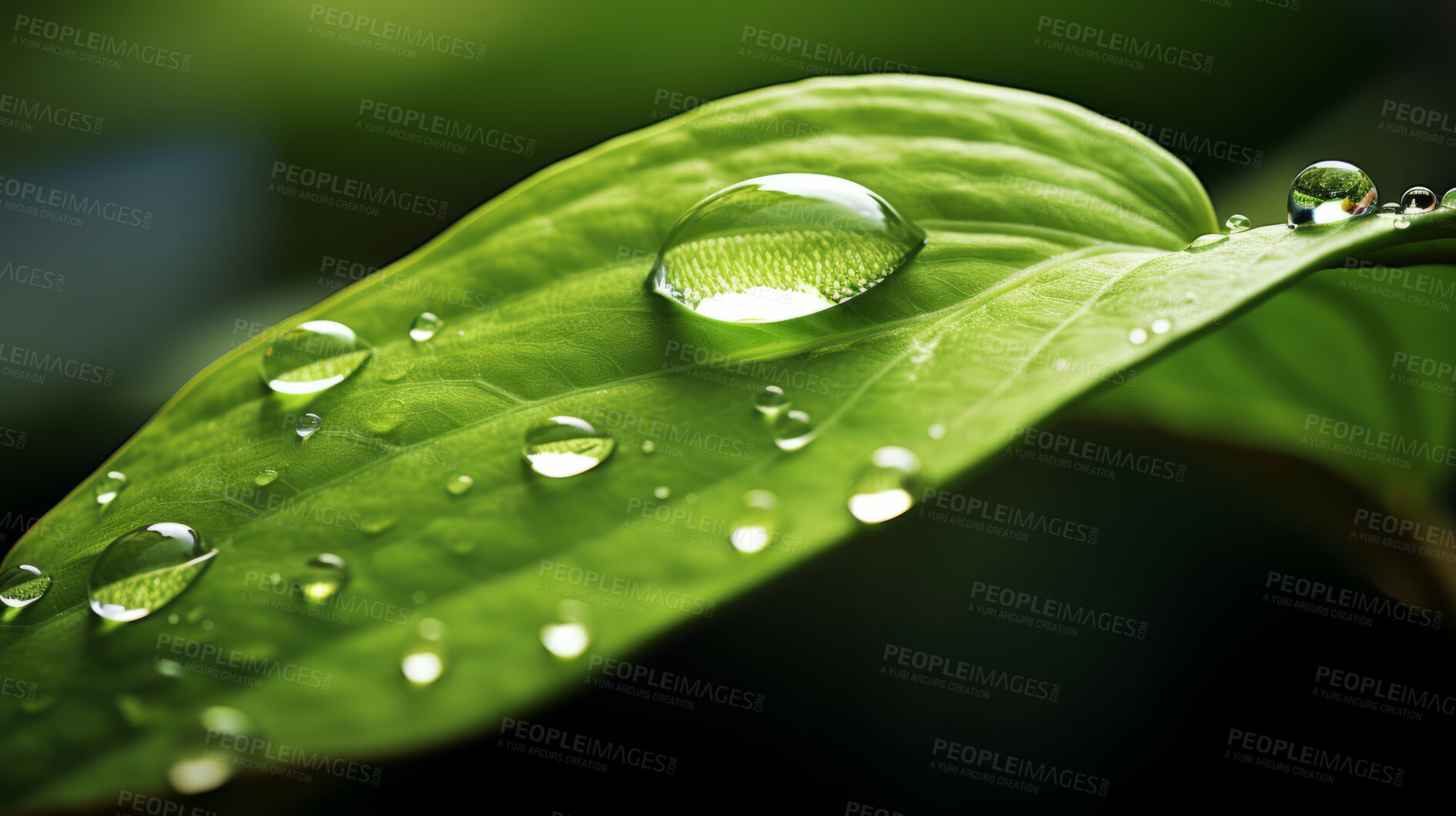 Buy stock photo Large drops of rain water on a green leaf macro. Leaf texture in nature