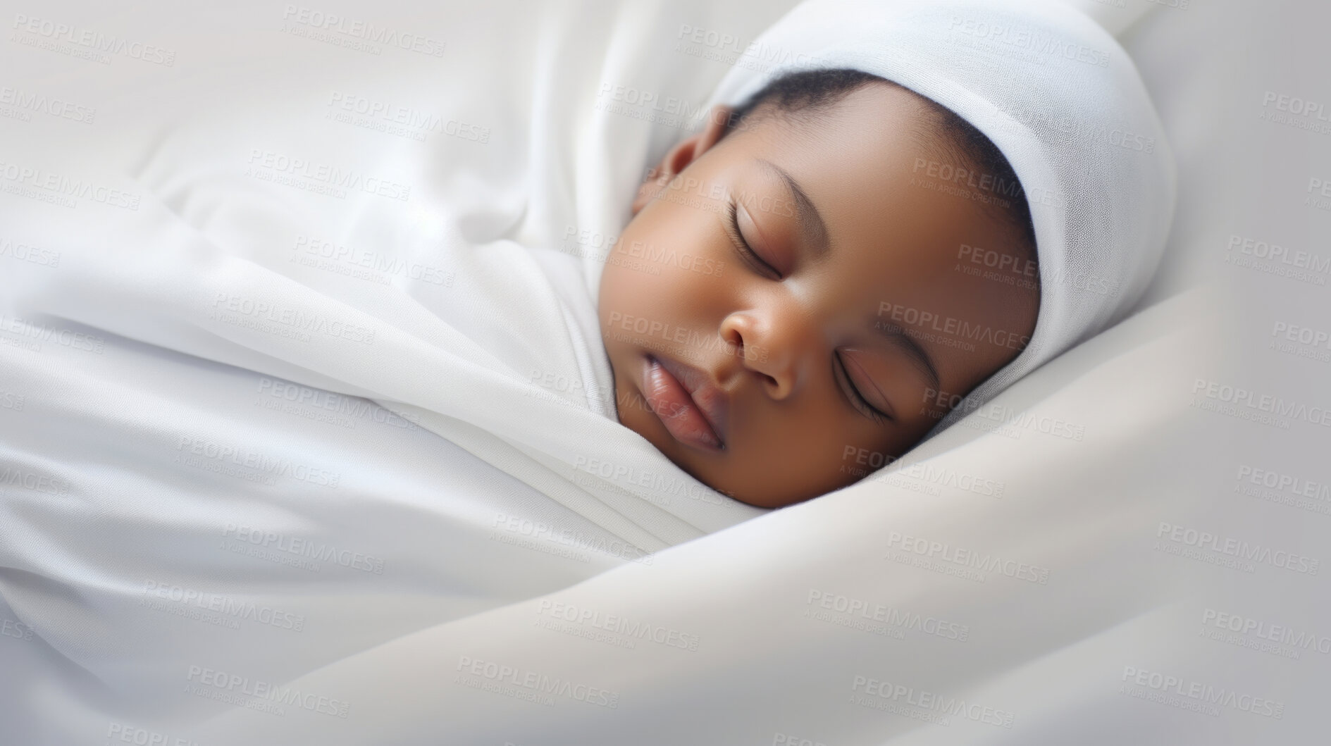 Buy stock photo Closeup of sleeping newborn boy baby. Portrait of baby wrapped in blanket