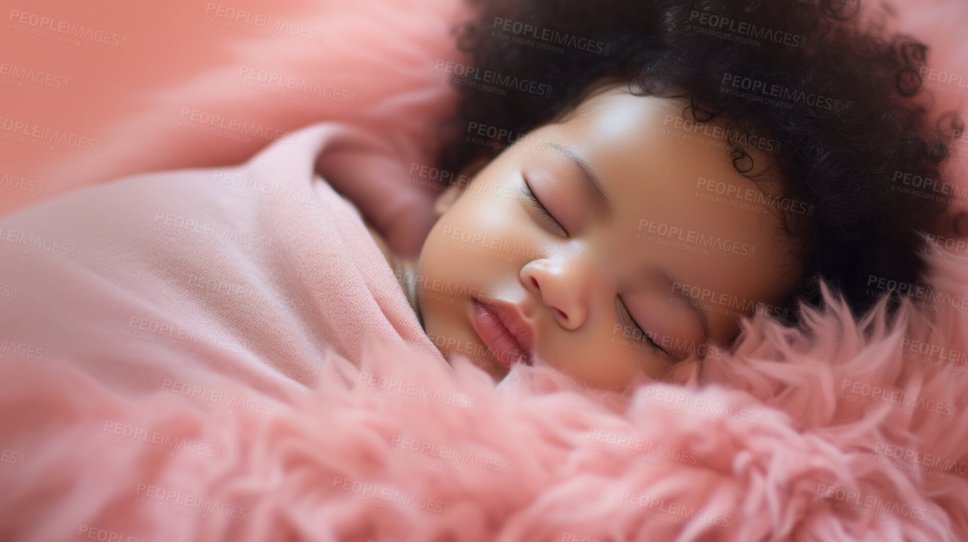 Buy stock photo Closeup of sleeping newborn girl baby. Portrait of baby wrapped in blanket