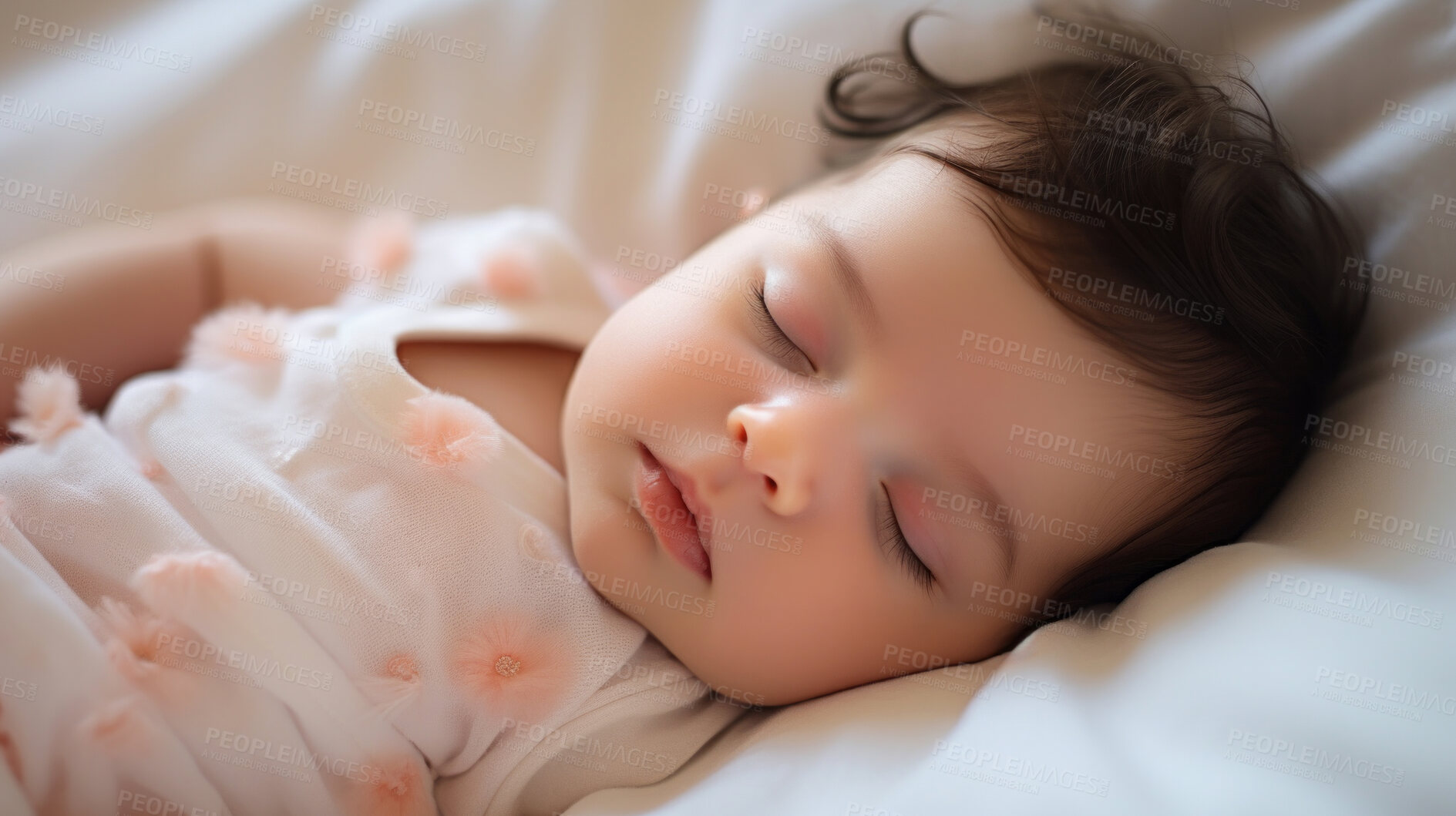 Buy stock photo Closeup of sleeping newborn girl baby. Portrait of baby wrapped in blanket