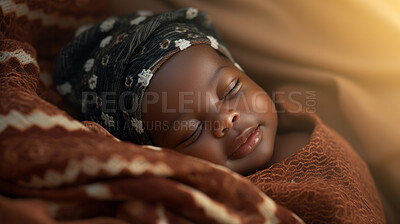 Closeup of sleeping newborn girl baby. Portrait of baby wrapped in blanket