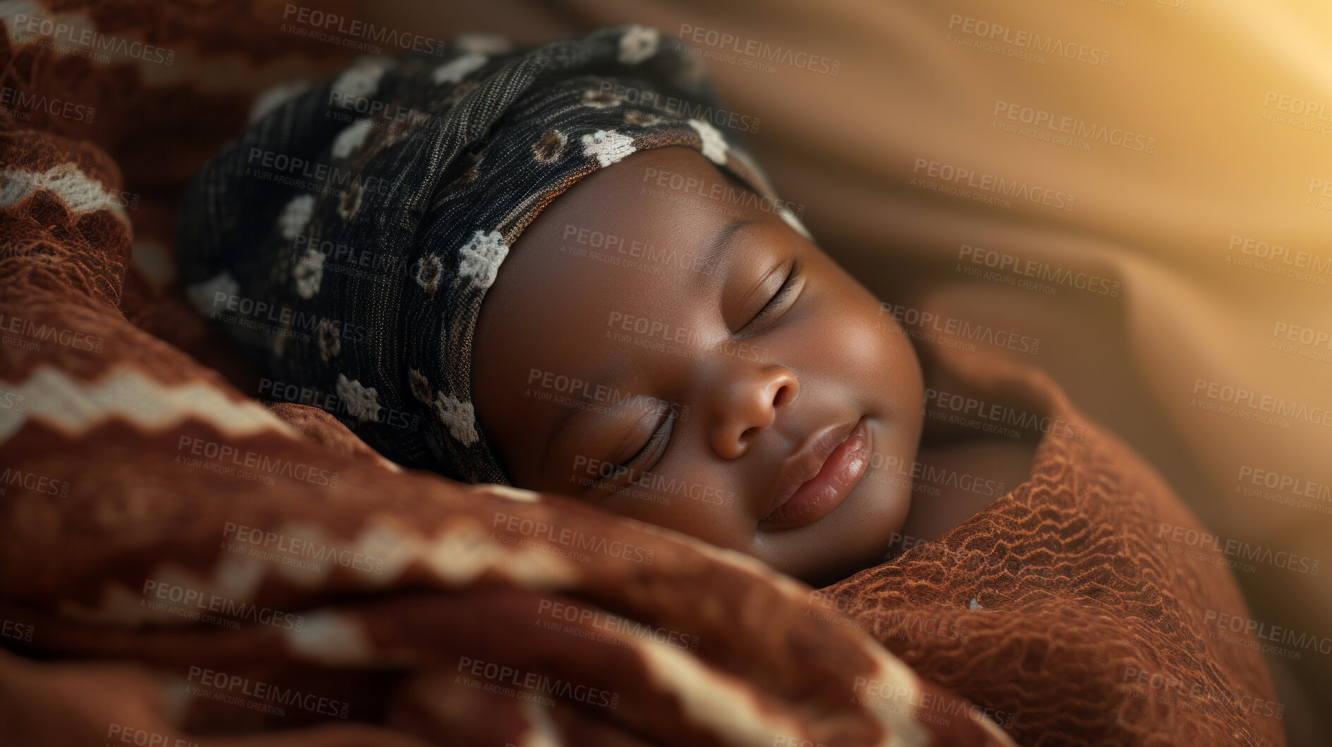 Buy stock photo Closeup of sleeping newborn girl baby. Portrait of baby wrapped in blanket