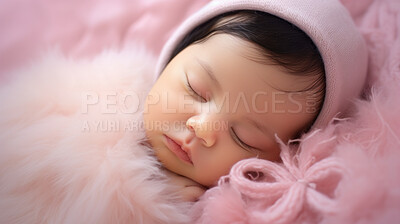 Buy stock photo Closeup of sleeping newborn girl baby. Portrait of baby wrapped in blanket