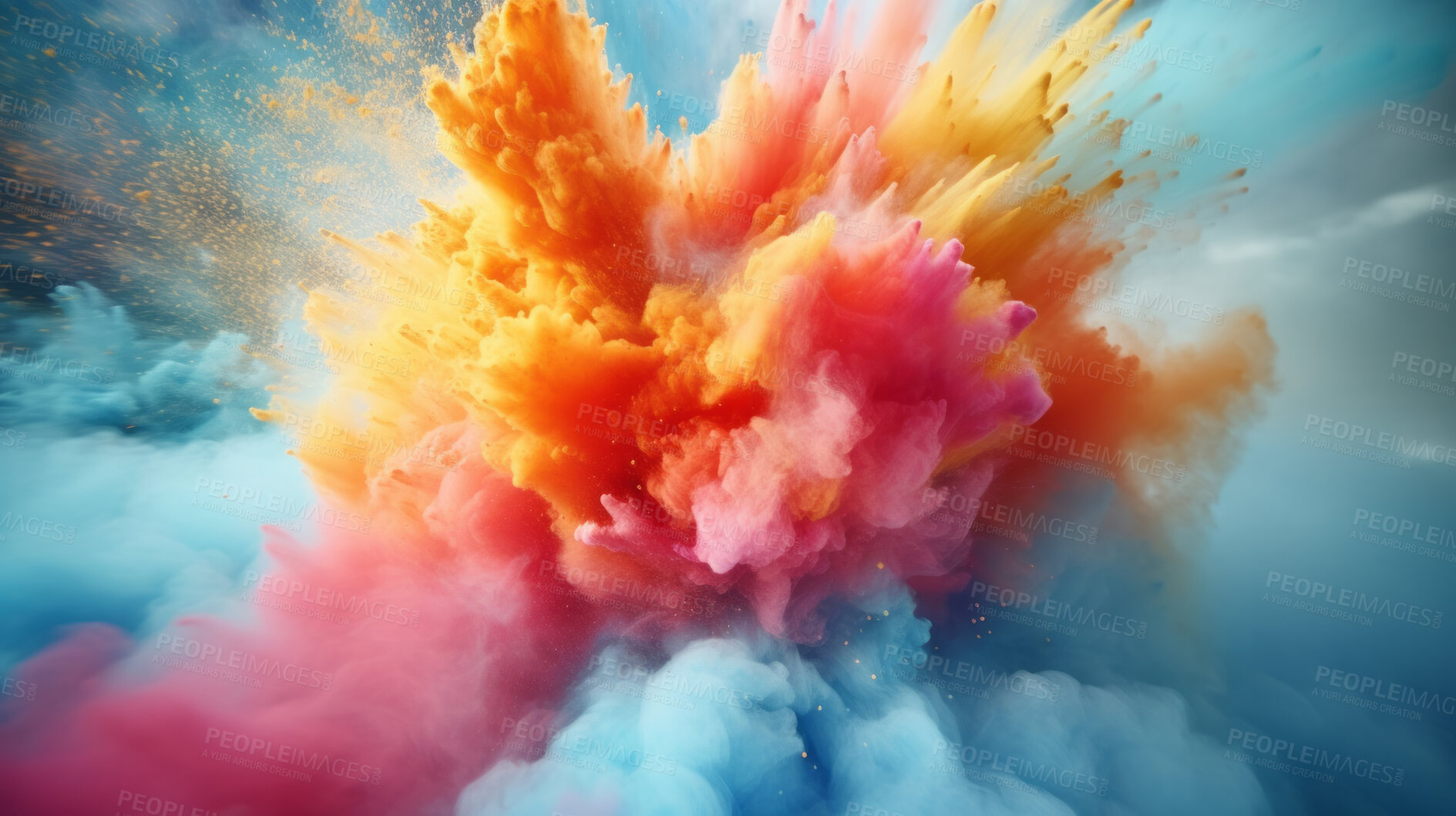 Buy stock photo Colorful vibrant rainbow holi paint color powder explosion  background