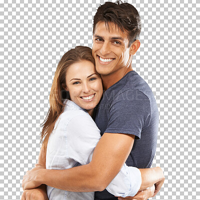 Buy stock photo Happy, hug and portrait of a couple with love, care and bonding isolated on a transparent png background. Smile, together and a young man and woman with affection romance and sweet in marriage