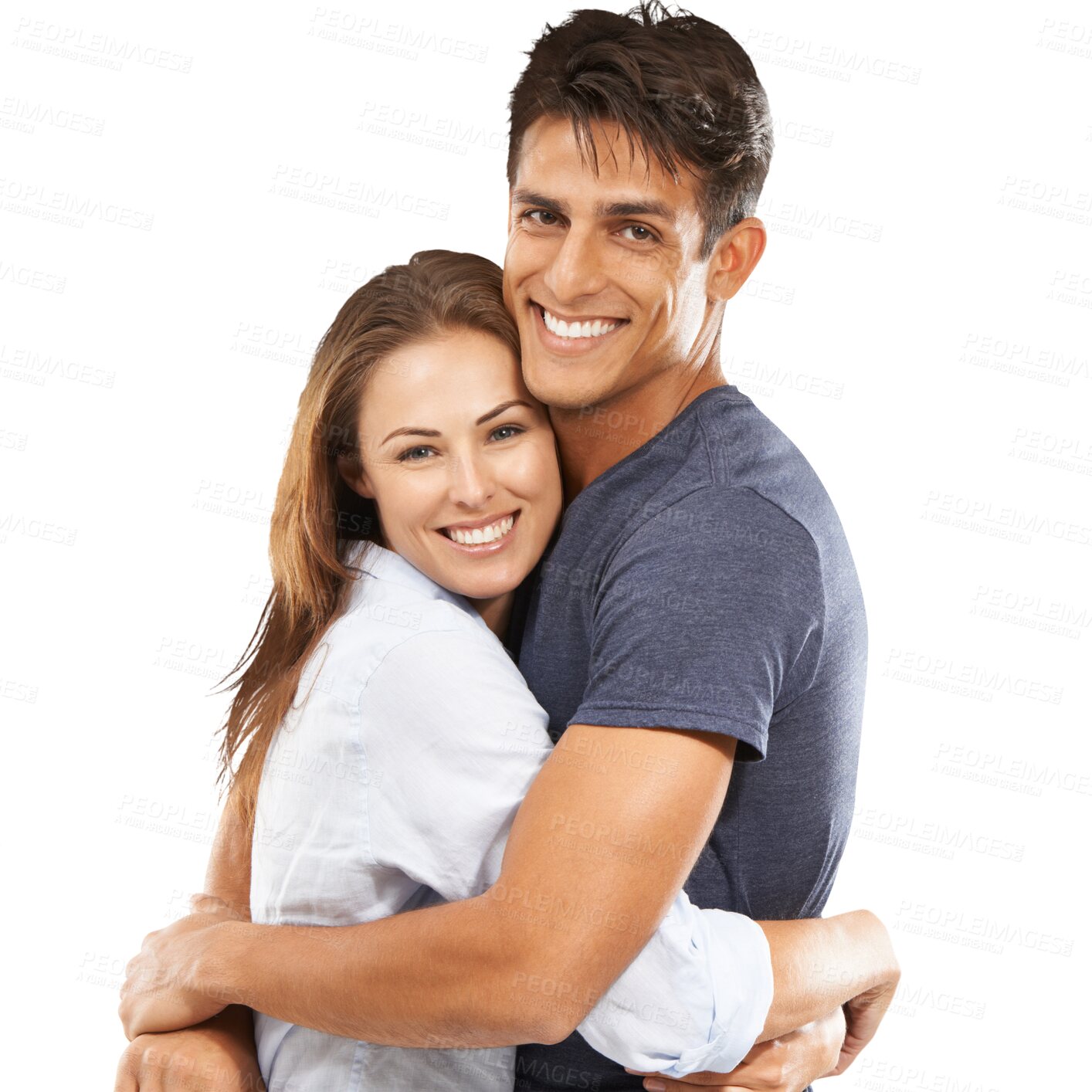 Buy stock photo Happy, hug and portrait of a couple with love, care and bonding isolated on a transparent png background. Smile, together and a young man and woman with affection romance and sweet in marriage