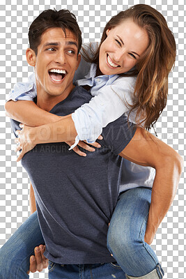 Buy stock photo Crazy, portrait and a happy couple with a piggyback for love, bonding and walking. Smile, together and a man carrying a woman while laughing and talking isolated on a transparent png background