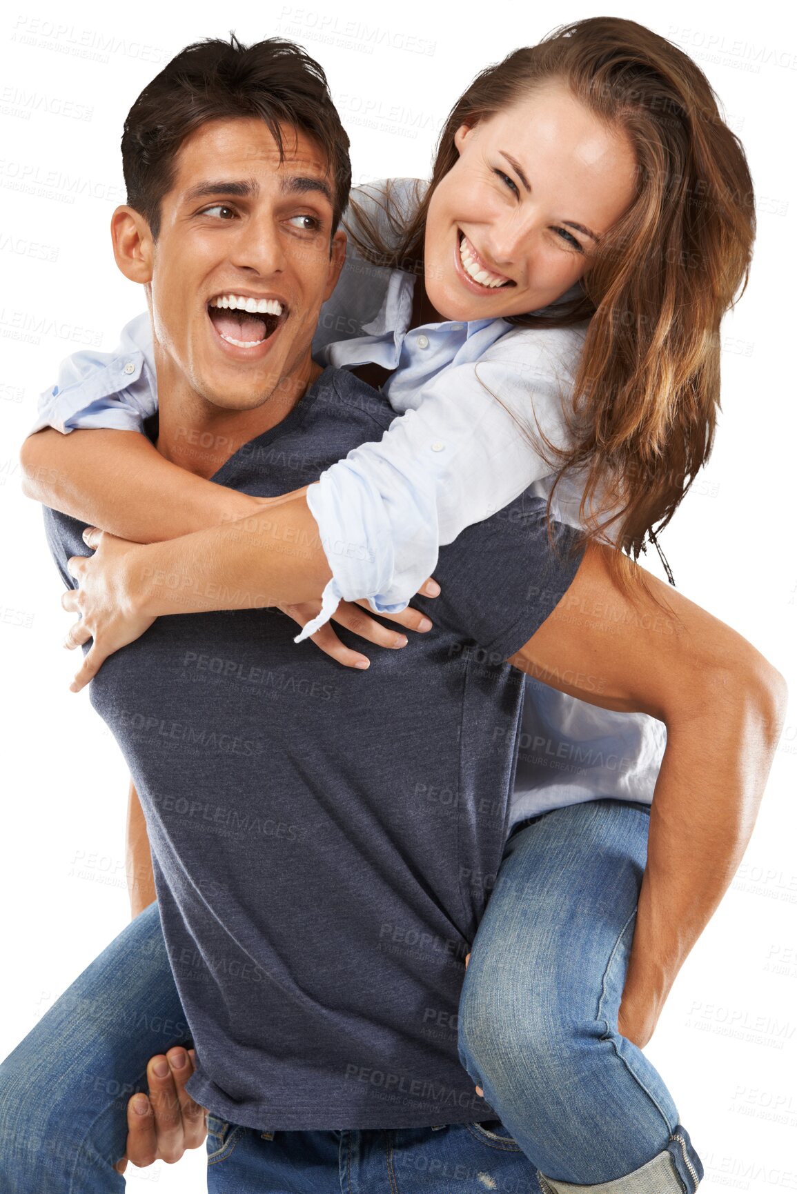 Buy stock photo Crazy, portrait and a happy couple with a piggyback for love, bonding and walking. Smile, together and a man carrying a woman while laughing and talking isolated on a transparent png background