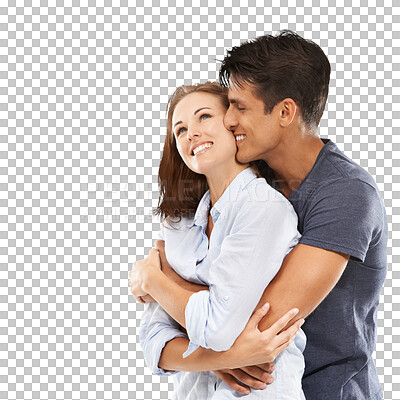 Buy stock photo Couple, happy and hugging for love, together and isolated on a transparent png background and romantic relationship. Hands touching, embrace and smile for comfort, quality time and body affection