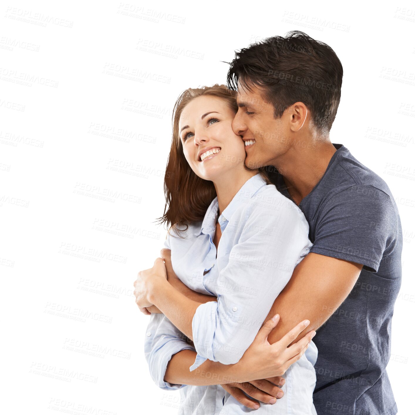 Buy stock photo Couple, happy and hugging for love, together and isolated on a transparent png background and romantic relationship. Hands touching, embrace and smile for comfort, quality time and body affection