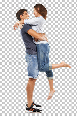 Buy stock photo Love, smile and hug with a couple in celebration isolated on a transparent background together for romance. Happy, trust or affection with a man and woman embracing on PNG for relationship success