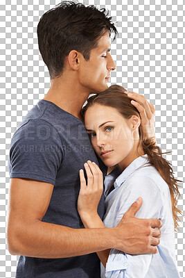 Buy stock photo Isolated couple, hug and care in portrait with love, together and support by transparent png background. Man, woman and embrace with romance, kindness and empathy in relationship with solidarity