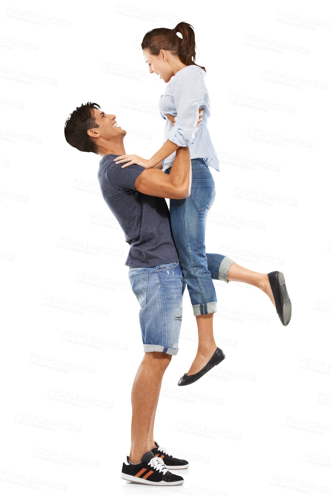 Buy stock photo Love, happy and hug with a couple in celebration isolated on a transparent background together for romance. Smile, trust or affection with a man and woman embracing on PNG for relationship success