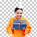 Woman, portrait smile and gift in studio for birthday present, event or celebration against a blue background. Happy female smiling and holding gifts or box for party, decoration or giving on mockup