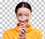 Woman, magnifying glass and smile in studio portrait with funny face, search and zoom by blue background. Gen z girl, investigation and research with lens for study, inspection and check by backdrop