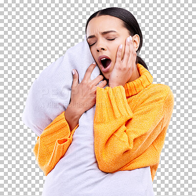 Tired woman, pillow and yawn in studio with exhausted face, and ready to sleep by blue background. Girl, model and open mouth for sleeping, rest or nap for self care, mental health and peace of mind