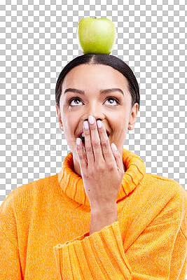 Apple head balance, woman face and surprised with fruit product for weight loss benefits, healthy lifestyle or body detox. Organic food diet, nutritionist studio and shocked person on blue background