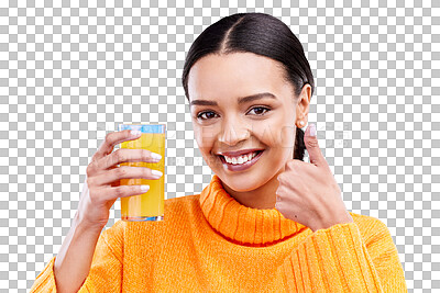 Happy woman, portrait and thumbs up for orange juice in studio, blue background and yes emoji. Female model, drinking glass and good review of fruit cocktail for nutrition, vitamin c diet and detox