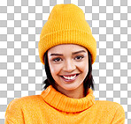 Portrait of happy woman in winter fashion with beanie, jersey and isolated on blue background. Style, happiness and gen z girl in studio backdrop with smile on face and warm clothing for cold weather