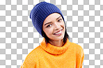 Portrait of happy woman in winter fashion with smile, beanie and jersey isolated on blue background. Style, happiness and face of gen z girl in studio with hat and warm clothing for cold weather.