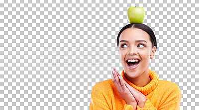 Wow, apple on head and a woman in studio on a blue background for product placement on mockup. Surprise, balance and space with an attractive young female posing to promote health, diet or nutrition