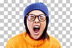 Portrait of woman in winter fashion, yawning with beanie and glasses isolated on blue background. Style, fatigue and face of tired gen z girl in studio, exhausted and warm clothing for cold weather.