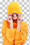 Fashion, crazy and cover with woman and beanie in studio for hiding, winter and goofy. Playful, happiness and smile with female and knitted hat isolated on blue background for funny, silly and cool