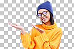 Woman palm, happiness and girl happy in a studio with promotion and announcement. Excited, isolated and blue background with mockup of a gen z and cool young female show marketing with smile