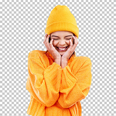 Happiness, excited and woman with youth in studio ready for cold weather with winter hat. Isolated, blue background and smiling with a happy young and gen z person with a smile, beanie and joy