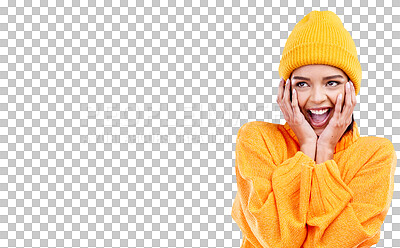 Buy stock photo Excited, happy and woman in winter fashion with beanie, jersey and isolated on a transparent, png background. Style, student and cap with a smile of a female person in warm clothes for cold weather