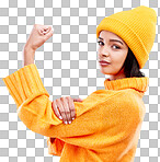 Portrait of woman in winter fashion with power, beanie and glasses isolated on blue background. Style, arm flex and gen z girl in studio backdrop with strong face and warm clothing for cold weather.