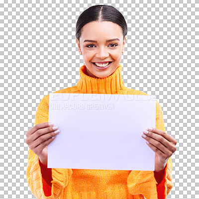 Smile, mockup and poster with portrait of woman in studio for idea, branding and announcement. Promotion, space and paper with female and sign on blue background for news, logo and advertising