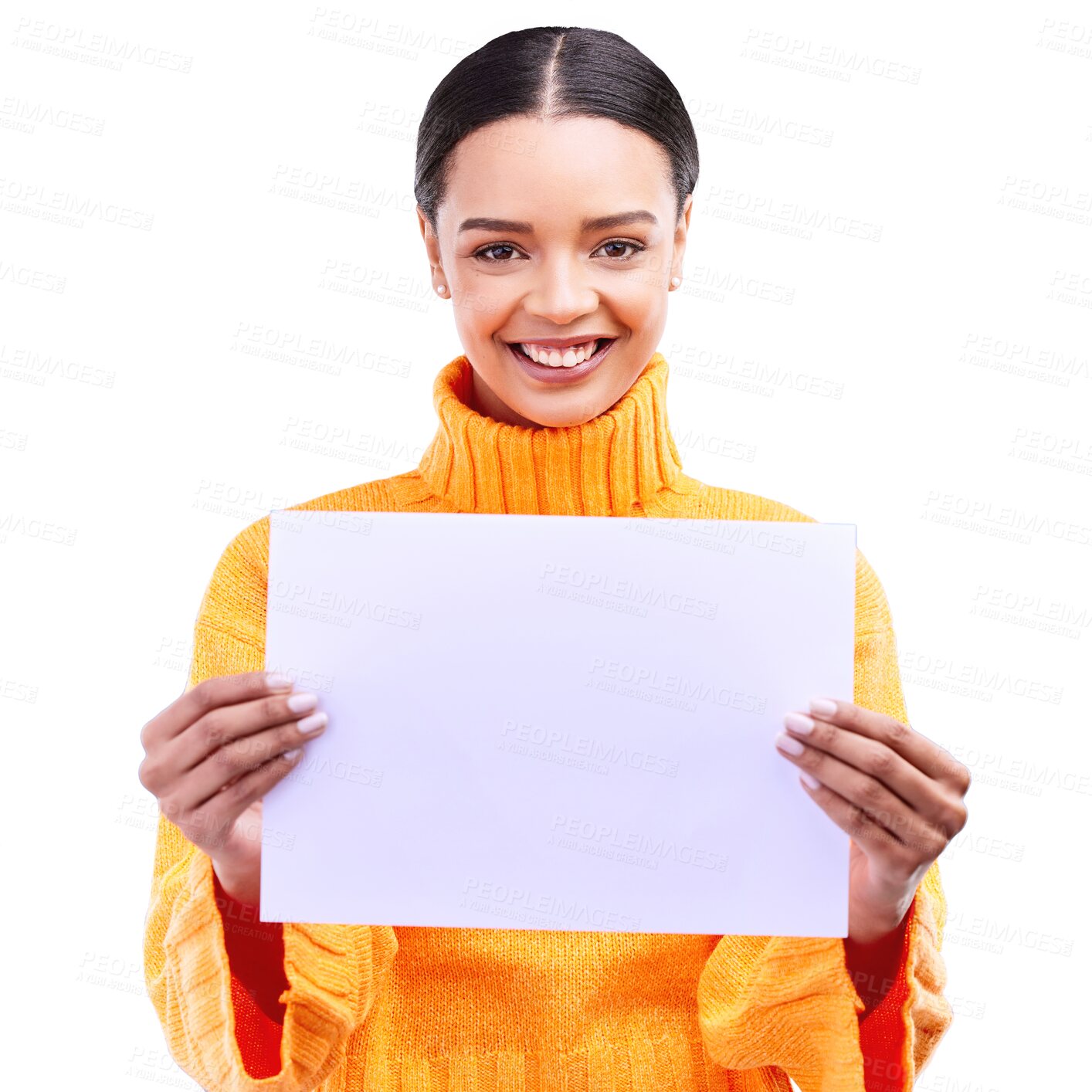 Buy stock photo Smile, mockup and poster with portrait of woman with announcement and deal. Promotion, space and paper banner with happy female person with sign for news isolated on a transparent, png background