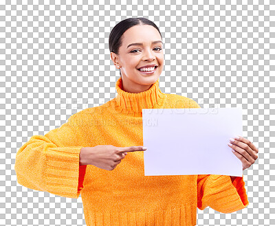 Buy stock photo Paper, presentation and portrait of woman with hand pointing to mockup on isolated, transparent or png background. Face, smile on female person show banner, poster or news, feedback or checklist info