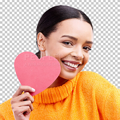 Paper heart, love and portrait of happy woman in studio, blue background and romantic sign. Female model, emoji shape and smile for care, support and thank you for kindness, valentines day or emotion