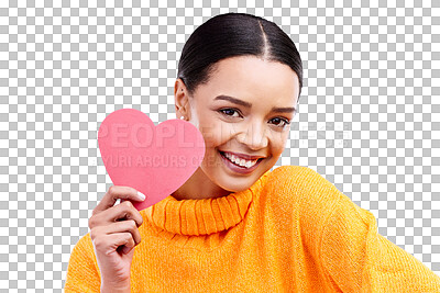 Paper heart, happy woman and portrait on blue background, studio and backdrop. Female model, smile and shape of love, trust and support of peace, thank you and kindness on valentines day for romance