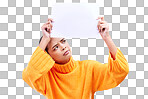 Paper, banner and confused woman in studio on blue background with space, mockup and poster. Billboard, poster and unsure girl showing blank copy space, branding or isolated logo announcement 