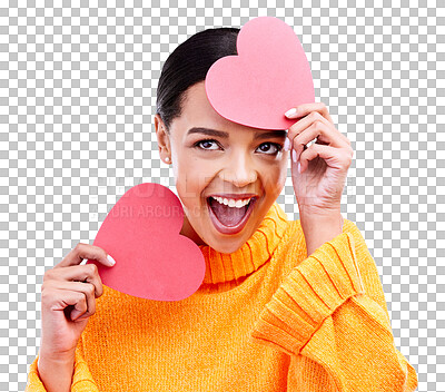 Paper heart, excited woman and surprise on blue background, studio and emoji icon. Happy female model, love and shape of sign, wow and celebration of peace, thank you and kindness for valentines day