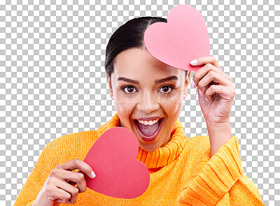 Paper heart, excited woman and portrait on blue background, studio and emoji icon. Happy female model, love and shape of sign, surprise and celebration of peace, thank you and kindness for valentines
