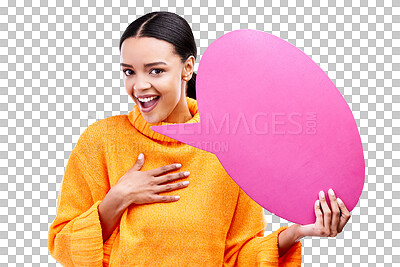 Speech bubble, wow and portrait of woman with banner in studio for advertising on blue background. Face, omg and female with poster, mockup and space for social media, announcement or billboard news