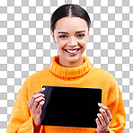 Tablet, mockup and smile with portrait of woman in studio for website, technology and social media. Networking, internet and connection with female on blue background for app, announcement and search