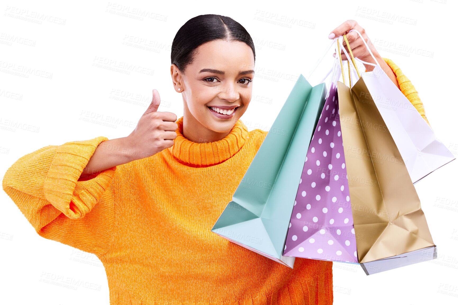 Buy stock photo Retail, shopping and portrait of woman with thumbs up on isolated, png and transparent background. Fashion, emoji and happy person with hand sign excited for discount, clothes deal and sale bargain