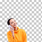 Laugh, mockup and woman on phone in studio with happiness and a smile from talk. Happy, isolated, and blue background and a young female and gen z model laughing on a mobile web conversation