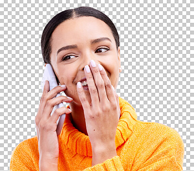 Laugh, secret and woman on phone in studio with happiness and a smile from news. Gossip, isolated, and blue background and a young happy female and gen z model laughing on a mobile conversation