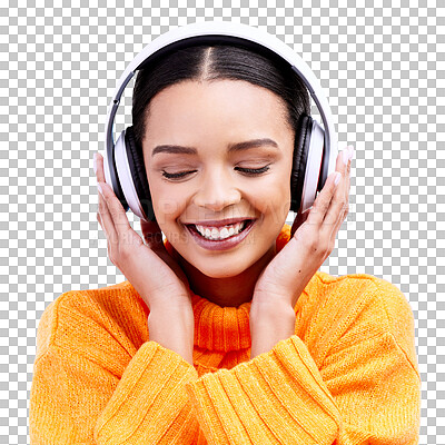Headphones, happy woman and listening to music on blue background, studio and color backdrop. Gen z female model streaming audio, album and media connection to radio, sound and subscription podcast