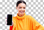 Phone, mockup and smile with portrait of woman in studio for website, technology and social media. Networking, internet and connection with female on blue background for app, announcement and search