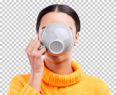Coffee drinking, woman and studio with morning latte and mug with hot beverage. Isolated, blue background and female model and young person with casual fashion and cup with tea drink or cappuccino