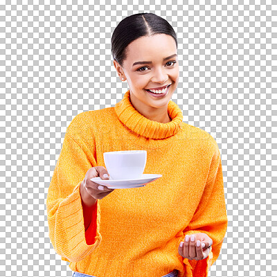 Woman, portrait and smile with coffee in studio for happiness for cafe advertising and mockup. Face of a happy female model giving tea cup on a blue background in hand for motivation and hospitality